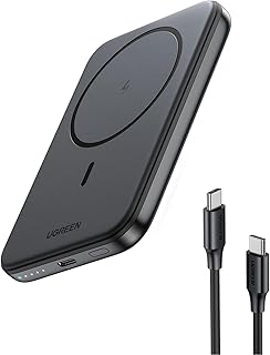 يوجرين باور بانك ماج سيف بسعة 5000mAh، بنك طاقة لاسلكي مع كابل USB C، شاحن محمول لاسلكي سريع الشحن، حزمة بطارية iPhone مغناطيسية لسلسلة آيفون 16/15/14/13/12، إلخ، رمادي