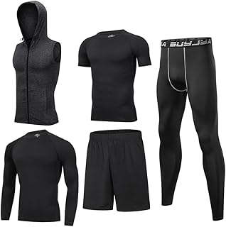 BUYJYA 5Pcs Men's Compression Pants Shirt Top Long Sleeve Jacket Athletic Sets Gym Clothing Mens Workout Valentine's Day gift