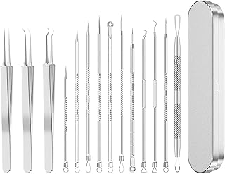 مجموعة ادوات ازالة الرؤوس السوداء، 14 قطعة من ابرة استخراج البثور وعيوب حب الشباب، مشبك كوميدون للوجه، ملقط للرؤوس السوداء، لازالة الشعر النامي في شنطة معدنية، ازالة الرؤوس السوداء