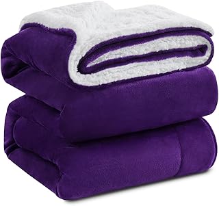 بطانية KAWAHOME Sherpa Fleece Queen مقاس فائق النعومة والدفء للغاية وسميكة للشتاء 500GSM سرير للأريكة والأريكة، مقاس 90 بوصة × 90 بوصة (أرجواني)، من كاوا هوم، مايكرو فايبر