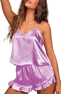 Ekouaer Satin Pajama Set for Women Silk Pjs for Women Set Camisole Top and Shorts with Ruffle Sleepwear