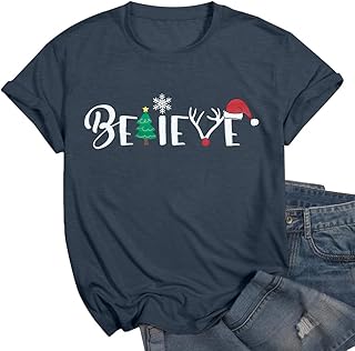 KIDDAD Christmas T-Shirt Women Believe Tree Shirt Cute Christmas Graphic Casual Short Sleeve Tee Shirts Tops