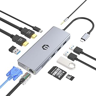 موزع USB C، شاشة ثلاثية، موزع نوع C مع ايثرنت، 4K USB C الى 2 HDMI، VGA، 2 USB3.0، 2 USB2.0، USB C 92 واط PD لاجهزة ماك برو وغيرها من اجهزة اللابتوب من النوع C