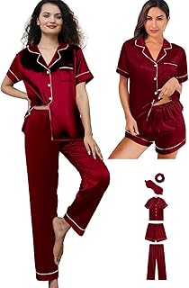 WJing Yi Jia 5Pcs Womens Silk Satin Pajamas Sets XS-XXL Short Pj Sets Button Down Pjs Set Sleepwear Loungewear