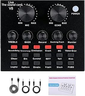 بطاقة صوت خارجية V8 من فيكونتيك، لوحة مزج الصوت المباشر، مولف صوت محمول مع مغير صوت محمول، واجهة USB، تأثيرات صوتية متعددة، مستوى صوت قابل للتعديل لتسجيل الموسيقى والغناء والكاريوكي والبث