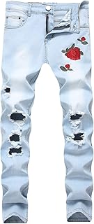 Men's Floral Jeans, Ripped Skinny Distressed Destroyed Slim Fit Stretch Rose Embroidered Pants