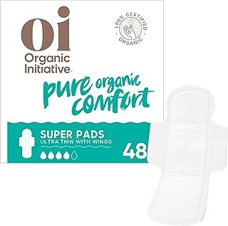 Oi | Organic Initiative - Ultra-Thin Pads with Wings | 100% Certified Organic Cotton, Unscented | Leak Free, Biodegradable | Non-GMO, Toxin Free (Super, 48, Count)