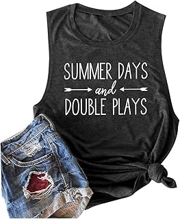 قميص بدون أكمام مطبوع عليه "Summer Days and Double Plays" للنساء بحروف مضحكة للكرة اللينة وعضلات الصيف بدون أكمام