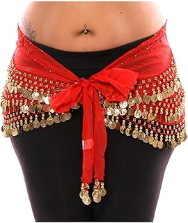 Women's Chiffon Belly Dance Hip Scarf Waistband Belt Skirt with128 Ringy Golden Coins 128 All, Red