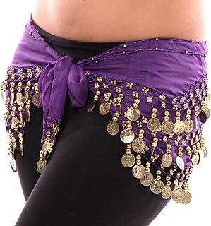 Women's Velvet Belly Dance Hip Scarf Waistband Belt Skirt with Multi color beads and 300 Ringy Golden Coins 300 All, 128 Blue