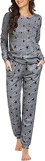 Womens Jogger Pajama Sets Long Sleeve Sleepwear Round Neck Nightwear Soft Pjs Lounge Sets with Pockets