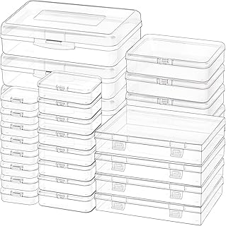 جوتيو 28 عبوة من حاويات بلاستيكية صغيرة مستطيلة باحجام مختلفة صناديق تخزين شفافة مع اغطية مفصلية وملصقات منظمات خرز فارغة للأشياء الصغيرة ومشاريع المجوهرات الحرفية الفنية