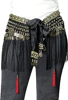 Belly Dance Hip Scarf - Tribal Coins Wave Shape Hip Skirt Belly Dancing Belt Tassel Fringe Shawl Wraps Belts for Women/Girls