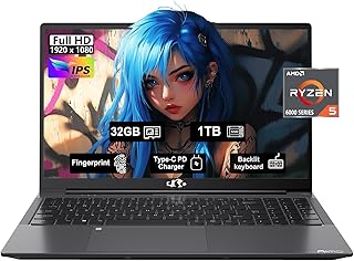 لابتوب العاب 15.6 انش IPS FHD، 6 نوى AMD رايزن 5 6600H، 32GB DDR5 RAM 1TB SSD (افضل من i5-12450H، حتى 4.5GHz)، وحدة معالجة رسومات جرافيكية 660M 660M، 100 واط نوع C، بصمة اصبع، كيبورد باضاءة خلفية،