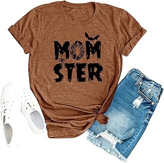 Momster T Shirt Women Funny Halloween Spider Bat Graphic Tee Casual Mom Ster Letter Print Hocus Pocus Tops