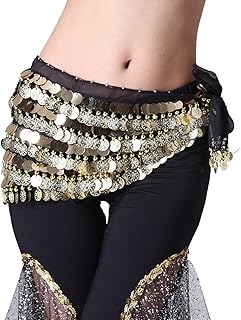 Women's Egyptian Belly Dance Hip Scarf Dancing Wrap Skirt With Gold Coins Gongs Chiffon