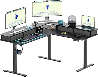 فليكسيبوت طاولة زاوية كهربائية قائمة على شكل حرف L 63 انش مع رف شاشة 4 ادراج تخزين محطة عمل كمبيوتر قابلة للتعديل للمنزل والمكتب والالعاب والاستوديو شاحن USB سطح اسود + اطار