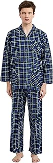 Flannel Pyjamas Men's 100% Cotton Pyjamas with Button Placket Set Long Warm Winter Pyjamas