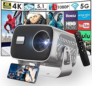 جهاز عرض محمول 4K HD مع واي فاي 6 وبلوتوث، اندرويد 11، يدعم شاشة 200 انش، جهاز عرض ذكي للاماكن الخارجية والمسرح المنزلي مع حامل للهواتف الذكية واللابتوب والكمبيوتر وتي في ستيك