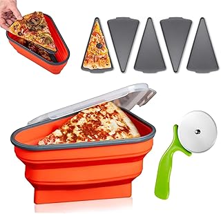 Collapsible Pizza Box - Reusable Silicone Pizza Storage Container with Pizza Cutter Wheel & 5 Microwavable Trays, Leftover Pizza Holder, Tortilla Wrap Storage Container, BPA-free Pizza Saver (Red)