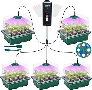 مجموعة صينية بدء البذور مع ضوء نمو ترقية 8 مصابيح LED كاملة الطيف ومؤقت وتعتيم وغطاء اعلى 5 عبوات من صواني قبة لمستلزمات البستنة الداخلية انبات بلاستيك أخضر