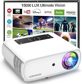 جهاز عرض نيتف 1080P FHD 15000Lux مع عمر مصباح LED 150000 ساعة من هوب فيجن، يدعم جهاز عرض 4K 350 بوصة للمنزل والأماكن الخارجية للهواتف الذكية/الكمبيوتر/اللابتوب/بلاي ستيشن 4/تي في ستيك/أكسل/PPT، ابيض