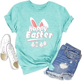 Happy Easter Shirts for Women Cute Rabbit Graphic Tees Casual Short Sleeve Tops