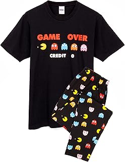 تي شيرت رجالي بيجامات من Pac-Man مطبوع عليه لعبة Arcade Game Over Black & Loungewear PJs, أسود