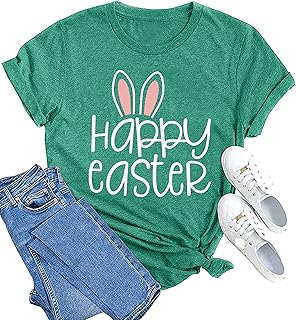 MAIHUN Happy Easter Shirts for Women Funny Rabbit Bunny Shirt Easter Short Sleeve Holiday Tee Tops