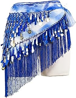 MAKINGTEC Tassel Sequined Belly Dance Skirt, Bell Hip Scarf, Dance Performance Practice Dancer Triangle Waist Scarf Music Costumes Accessories (Gradient Blue)