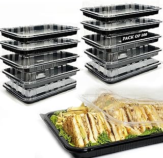 TRAYA Pack of 100 Sandwich Platter Trays with lids - Reusable Plastic Catering Trays with Lids for Meal Prep, Cakes, Treats and Sandwiches (33.5cm x 24cm x 7cm)