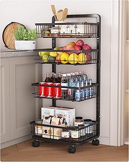 UMDONX 4-Tier Kitchen Storage Cart Metal Snack Cart Adjustable Fruit Basket on Wheels Stand Baskets for Potato Onion Produce