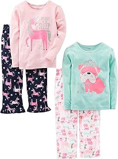 Girls and Toddlers' 4-Piece Pajama Set (Cotton Top & Fleece Bottom)