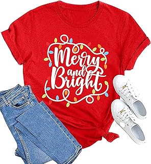 قمصان عيد الميلاد للنساء بعبارة Merry and Bright قميص عطلة عيد الميلاد تي شيرت أضواء عيد الميلاد تي شيرت تي شيرت