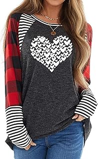 Valentine's Day Shirt for Womens Love Heart Print Graphic Tee Tops Buffalo Plaid Long Sleeve T-Shirts Tops