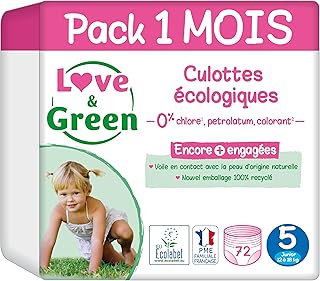 لوف اند جرين - حفاضات صحية وصديقة للبيئة مقاس 5 (12 الى 18 كجم) عبوة لمدة شهر (72 سروال) - ماصة ومانعة للتسرب ولا تحتوي على مكونات غير مرغوب فيها