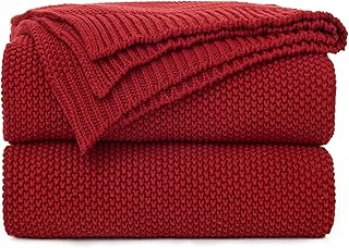 Longhui Bedding Burgundy Cotton Cable Knit Throw Blanket للأريكة والكرسي السرير ديكور المنزل، 1.13 كجم 50 × 60 بوصة بطانية رمي منسوجة مع حقيبة غسيل إضافية