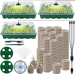 هاهود مجموعة صواني البذور للمبتدئين من 3 قطع مع صواني انبات خفيفة مع قبة للرطوبة، 120 حبيبات الخث، ادوات البستنة، ملصقات نباتية، صواني زراعة النباتات لبدء زراعة البذور، اخضر، بولي بروبيلين (PP)